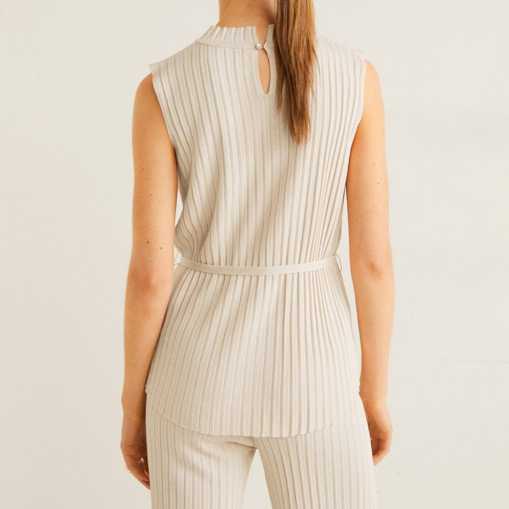 MANGO 2-pc Set Plisse Knit Rib Pants and Top Set Size Medium Cream - Picture 4 of 6